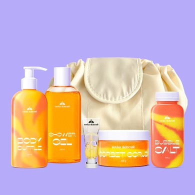 Set Mango mood — Sorbet Scrub Alfonso Mango, Body Suffle Alfonso Mango, Shower Gel Alfonso Mango, Bubble Salt Alfonso Mango, Sovka Lip Oil Alfonso Mango