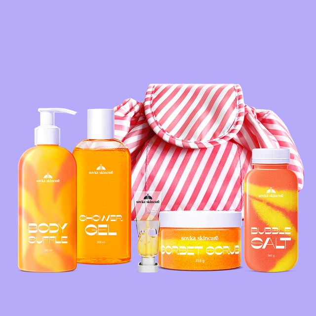 Set Mango mood — Sorbet Scrub Alfonso Mango, Body Suffle Alfonso Mango, Shower Gel Alfonso Mango, Bubble Salt Alfonso Mango, Sovka Lip Oil Alfonso Mango