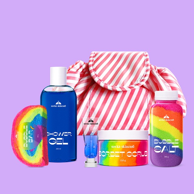 Set Rainbow Bomb — Bubble Salt Friut Rainbow, Sorbet Scrub Fruit Rainbow, Shower Gel Fruit Rainbow, Bubble Bar Fruit Rainbow, Sovka Lip Oil Very Berry