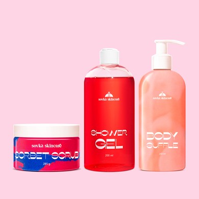 Set Funky Mood — Sorbet Scrub Cotton Candy, Body Suffle Sweet Peaches,  в подарунок Shower Gel Love Is